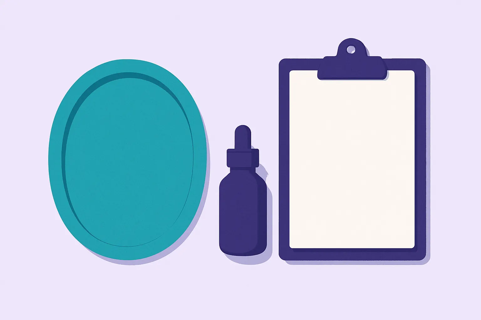 Oval pool, a blank clipboard, and a capped bottle with no text